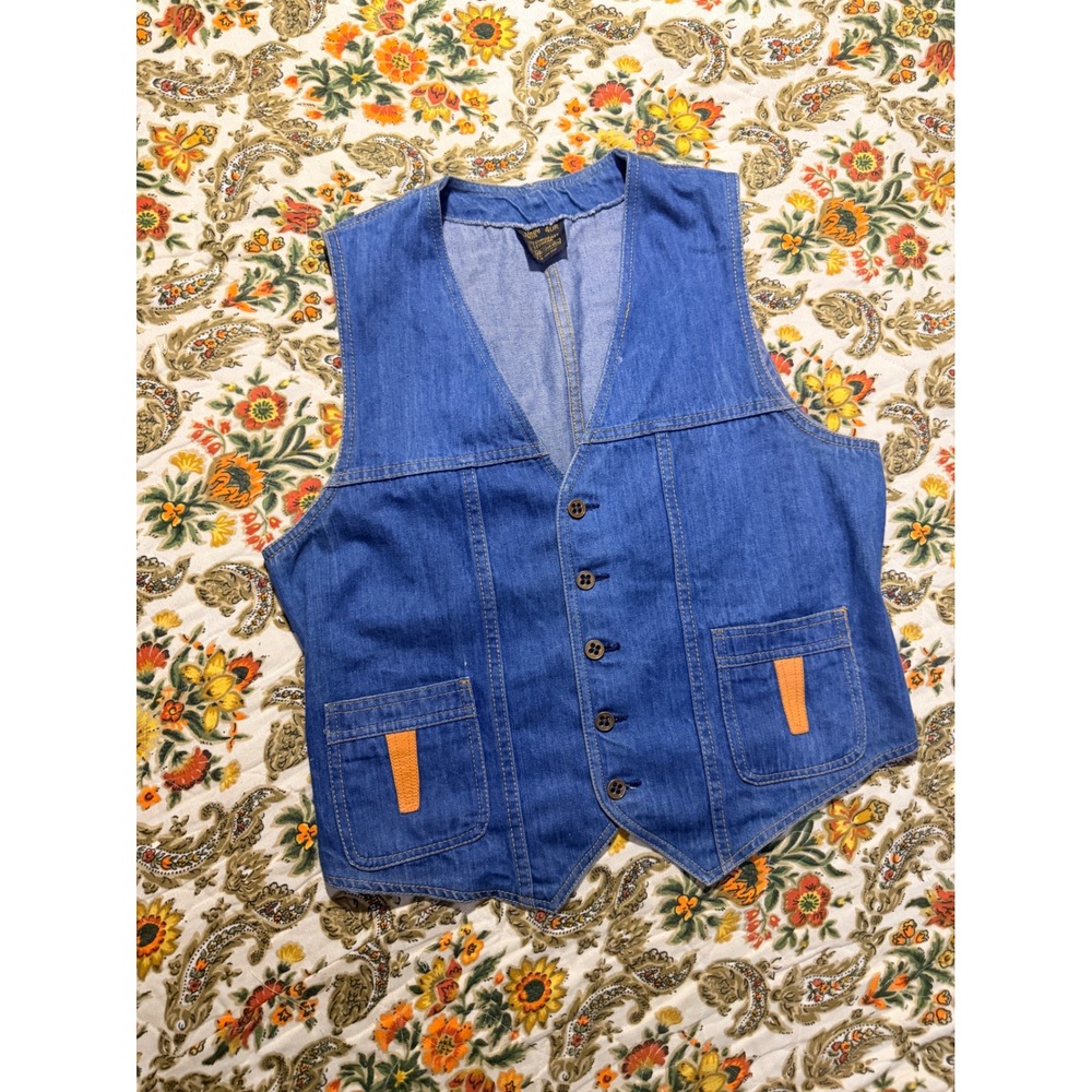 Vintage 70s Jeans Joint Denim Vest 40R Blue Western Leather Trim Button Front